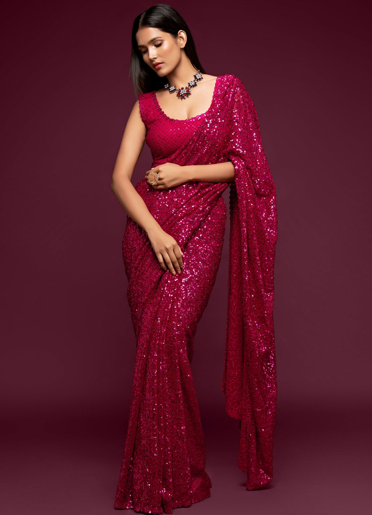 Pink designer sequins saree buy now - Joshindia