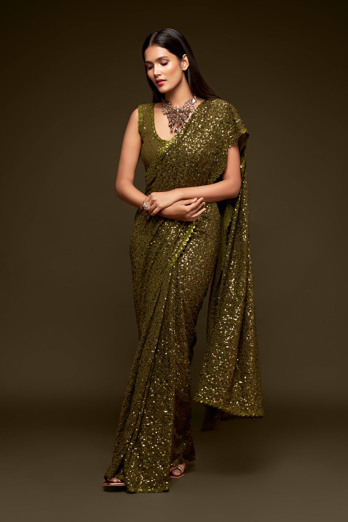 Mehendi green designer sequins saree for wedding and reception - Joshindia