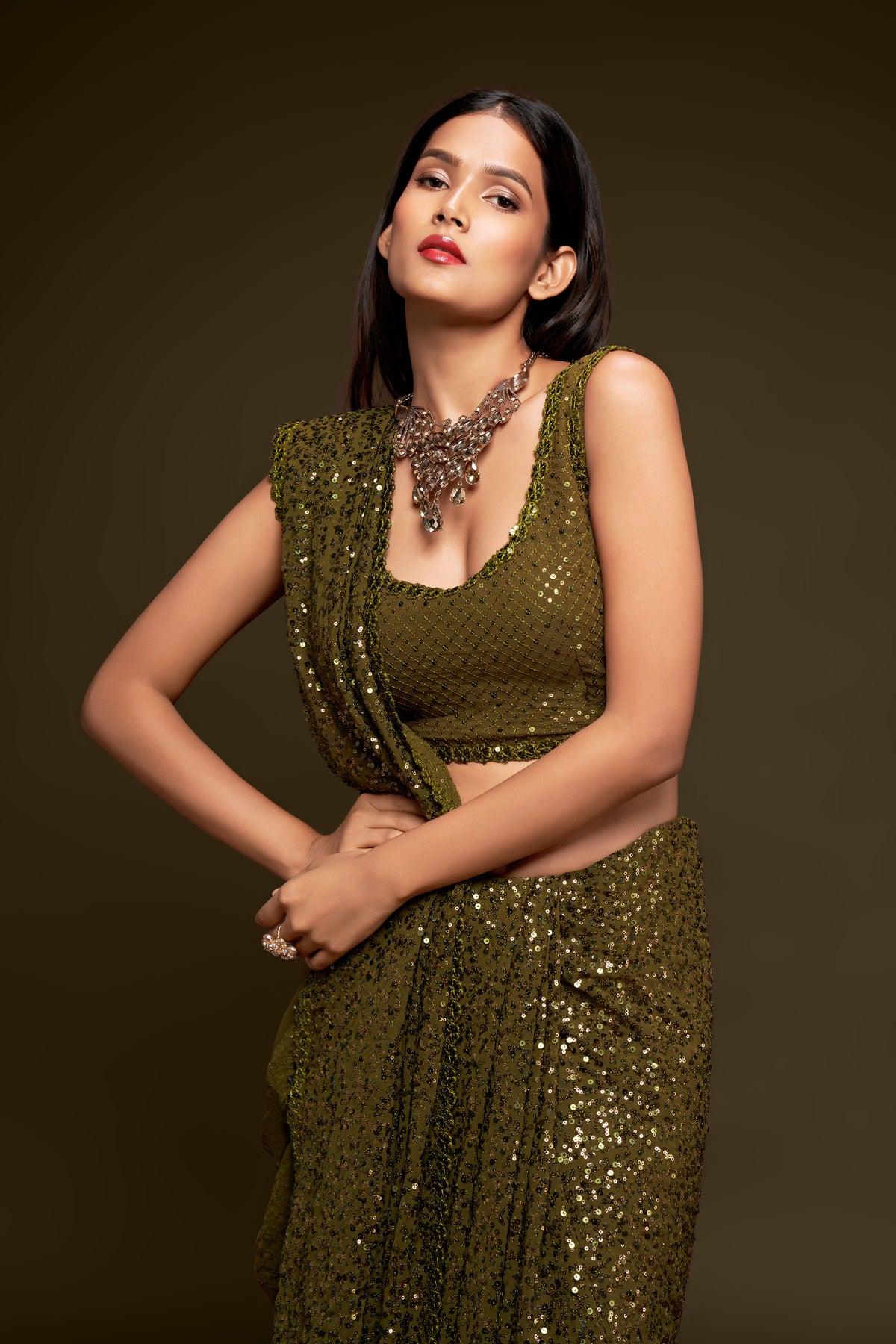 Mehendi green designer sequins saree for wedding and reception - Joshindia