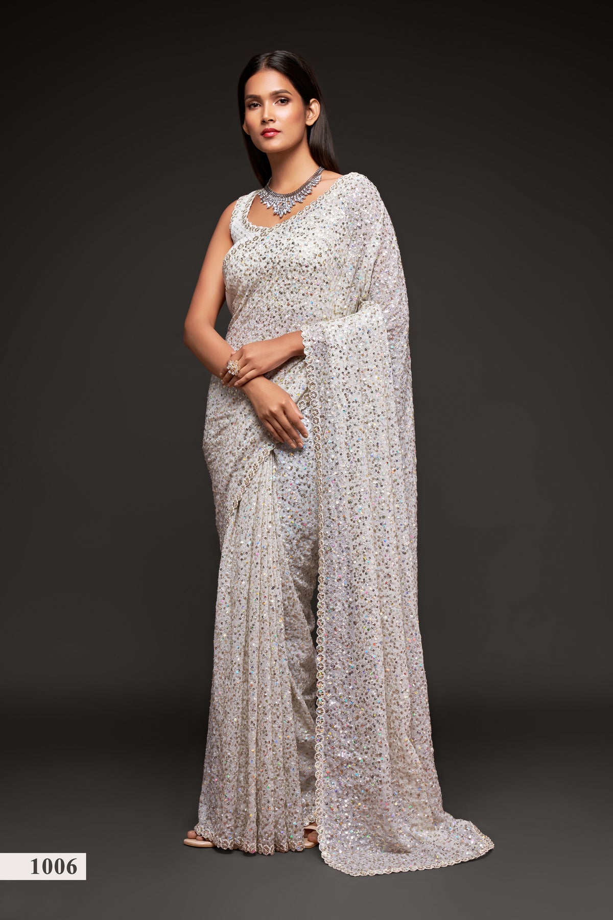 White designer sequin saree for wedding and reception - Joshindia