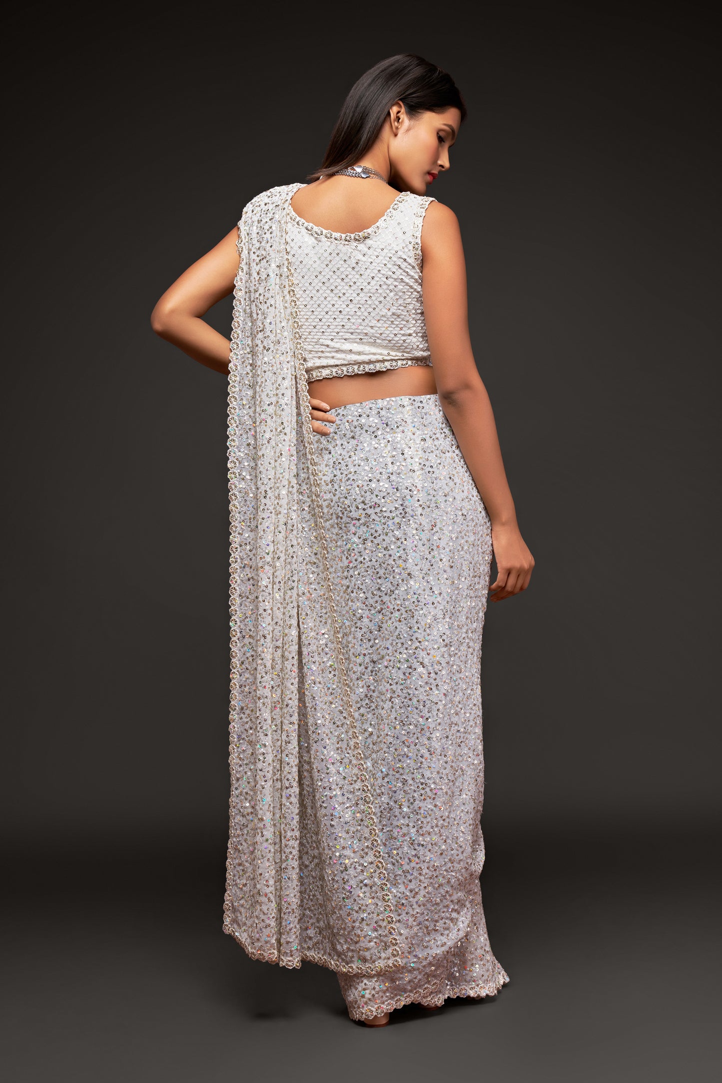 White designer sequin saree for wedding and reception