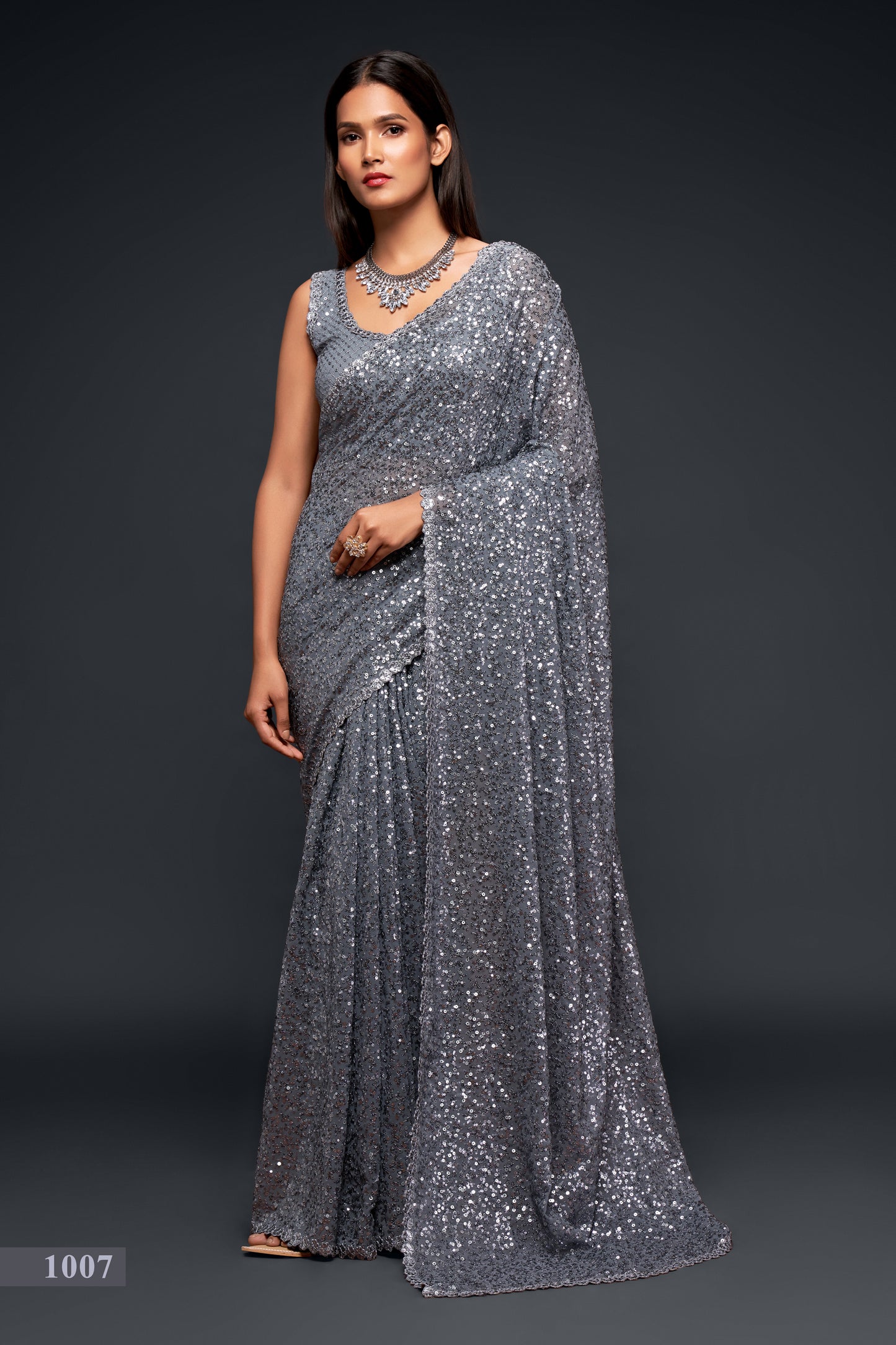 Grey designer sequins saree for wedding and reception