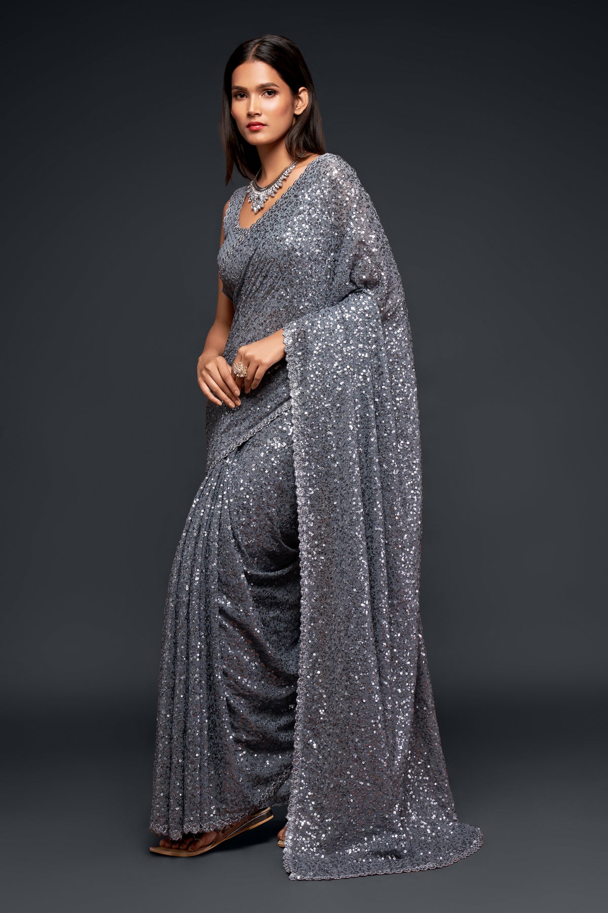 Grey designer sequins saree for wedding and reception - Joshindia