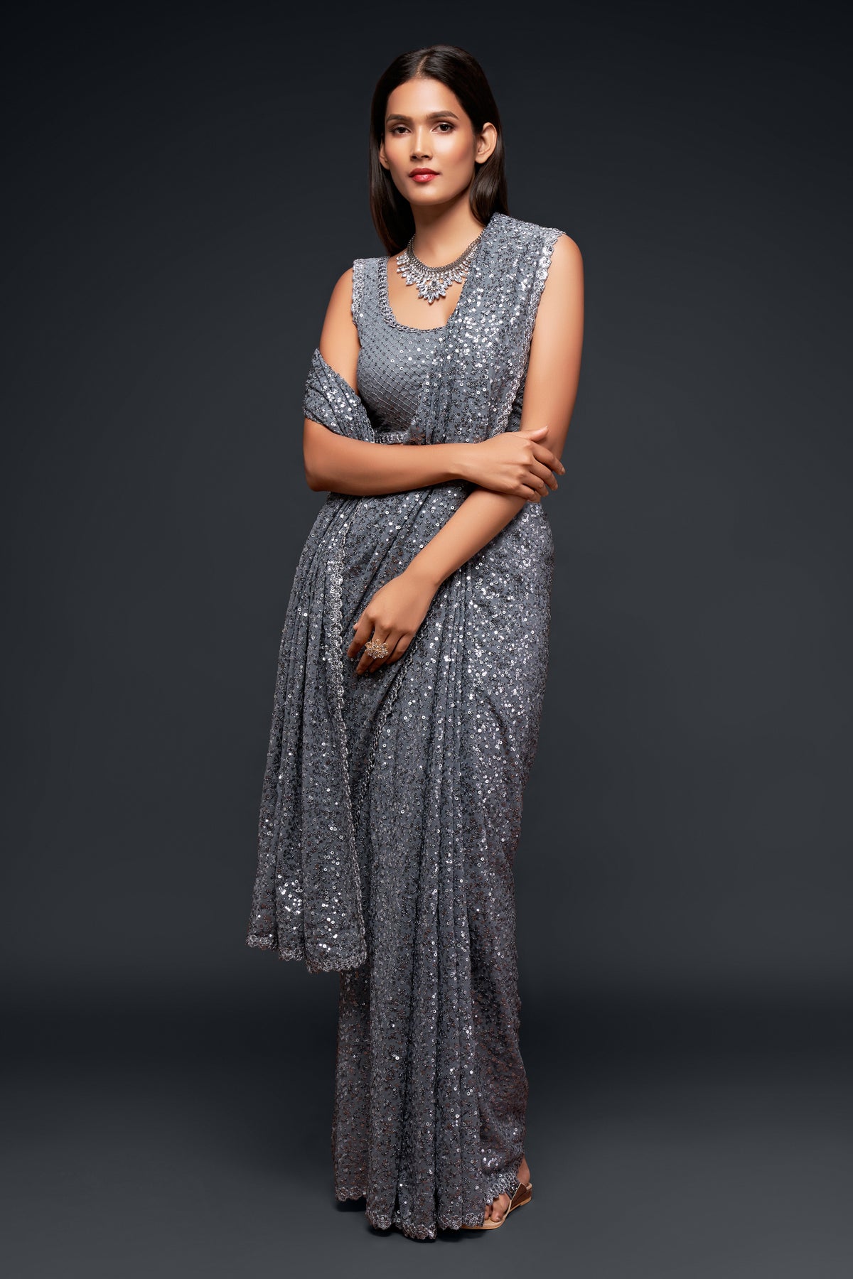 Grey designer sequins saree for wedding and reception - Joshindia