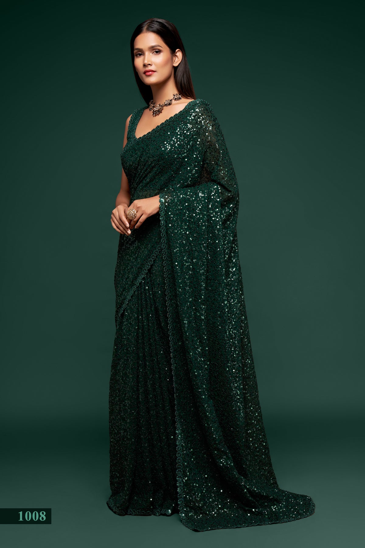 Green designer sequins saree for wedding and reception - Joshindia