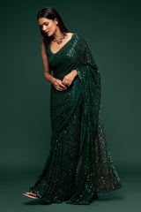 Green designer sequins saree for wedding and reception - Joshindia
