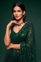 Green designer sequins saree for wedding and reception - Joshindia