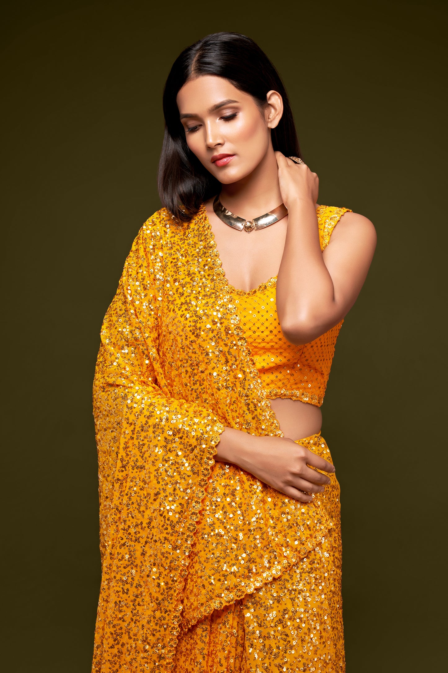 Yellow designer sequins saree for wedding and reception
