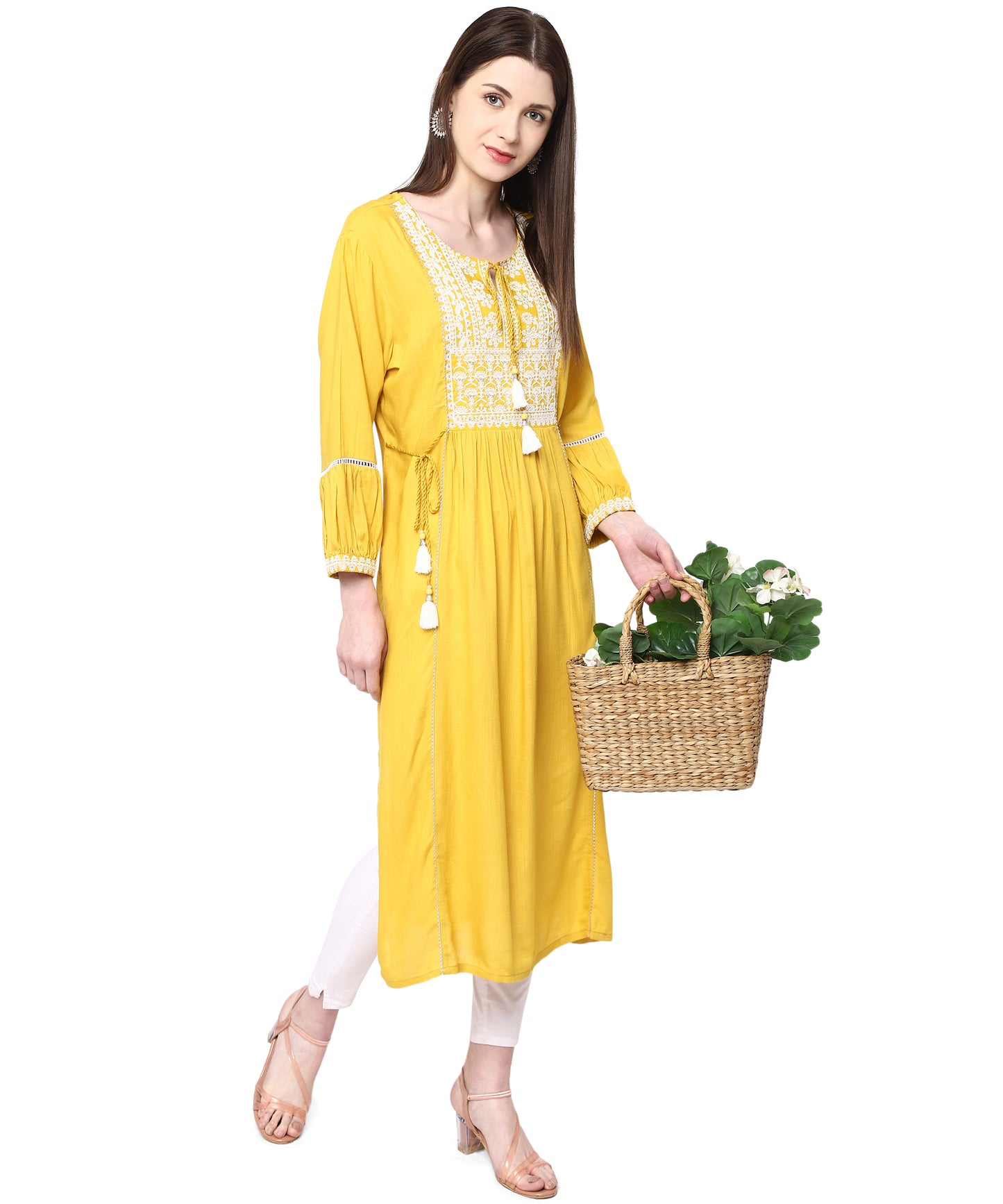 Amazing yellow color Lucknowi style kurta set buy now
