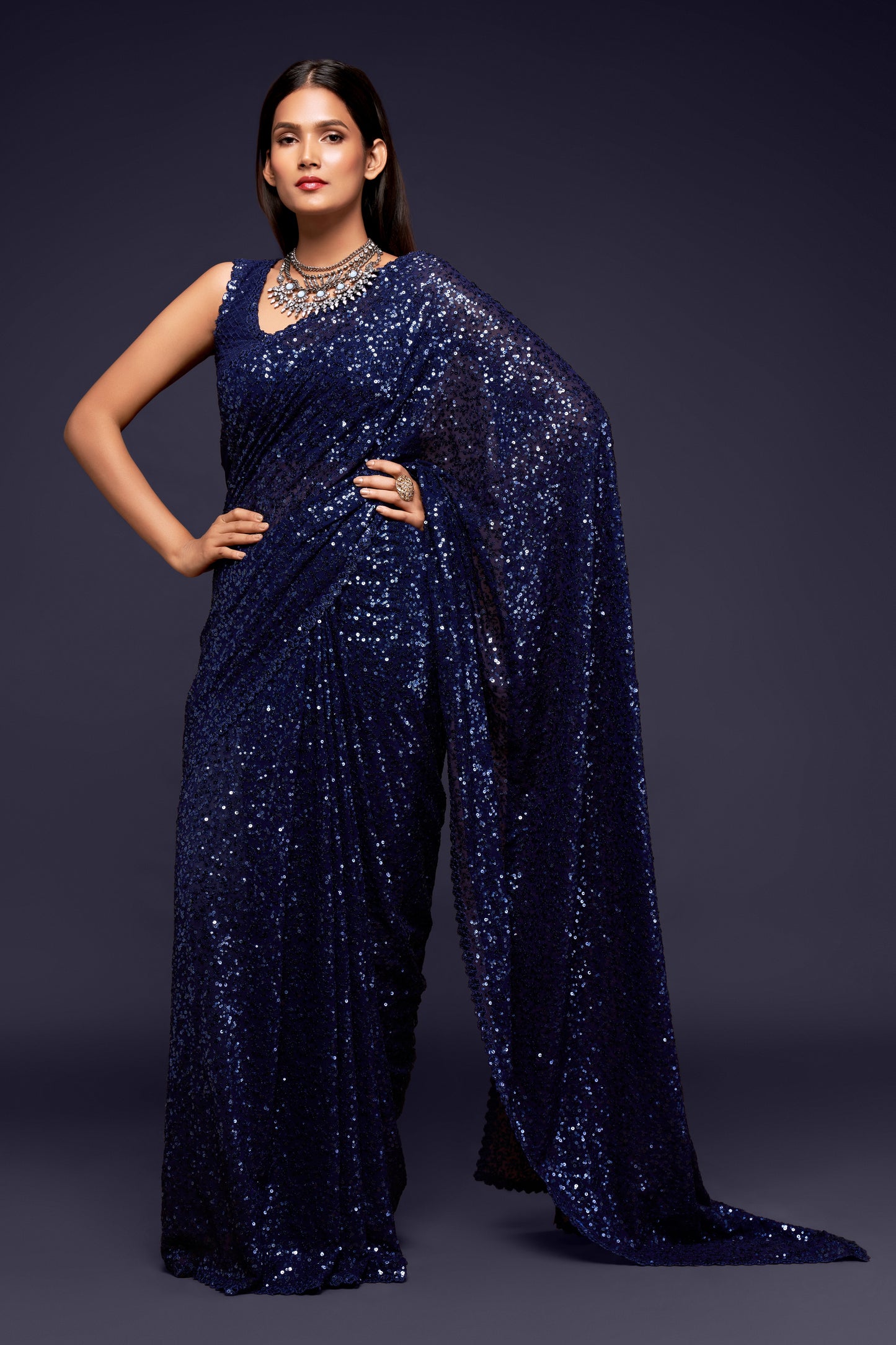 Buy Sequins Saree online in India blue color