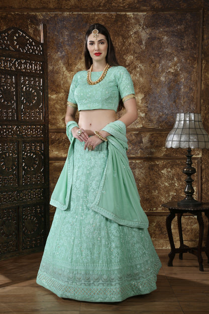 Mint green color lucknowi style georgette lehenga choli buy now