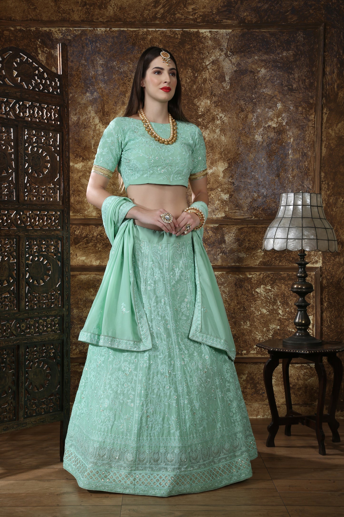 Mint green color lucknowi style georgette lehenga choli buy now