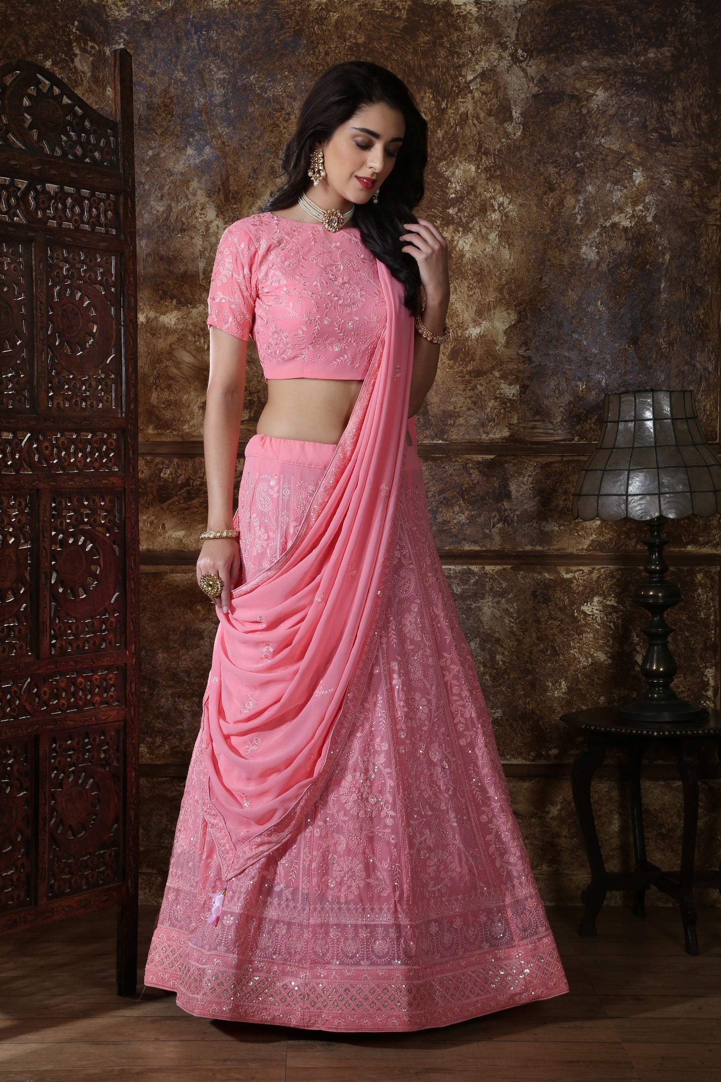 Pink color lucknowi work designer lehenga choli buy online
