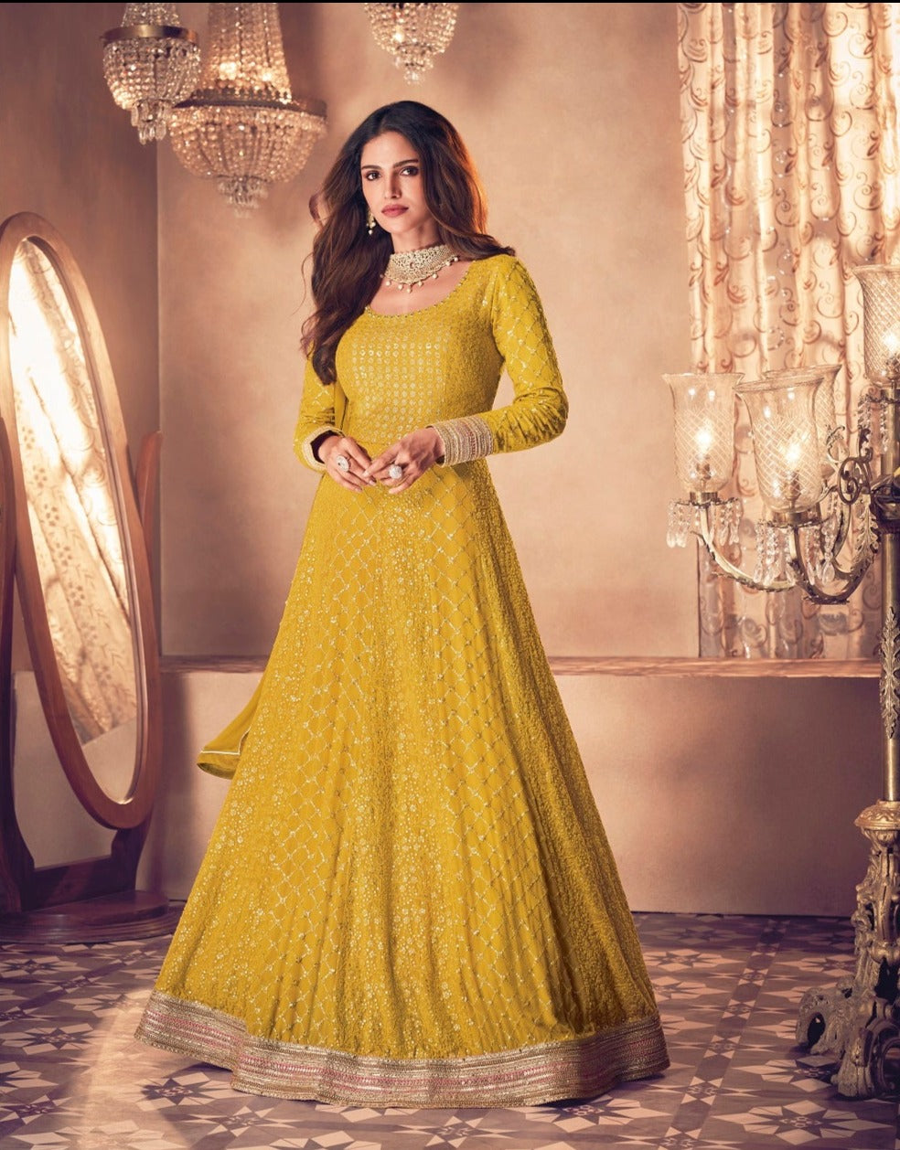 Yellow Color Embroidered Sequins Work Ruffle Gown