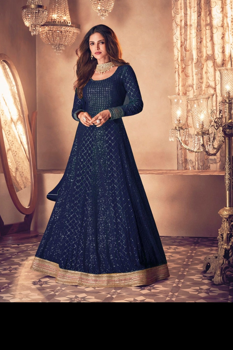 Buy Stunning Navy Blue Shimmery Saree Gown Online in USA – Pure Elegance