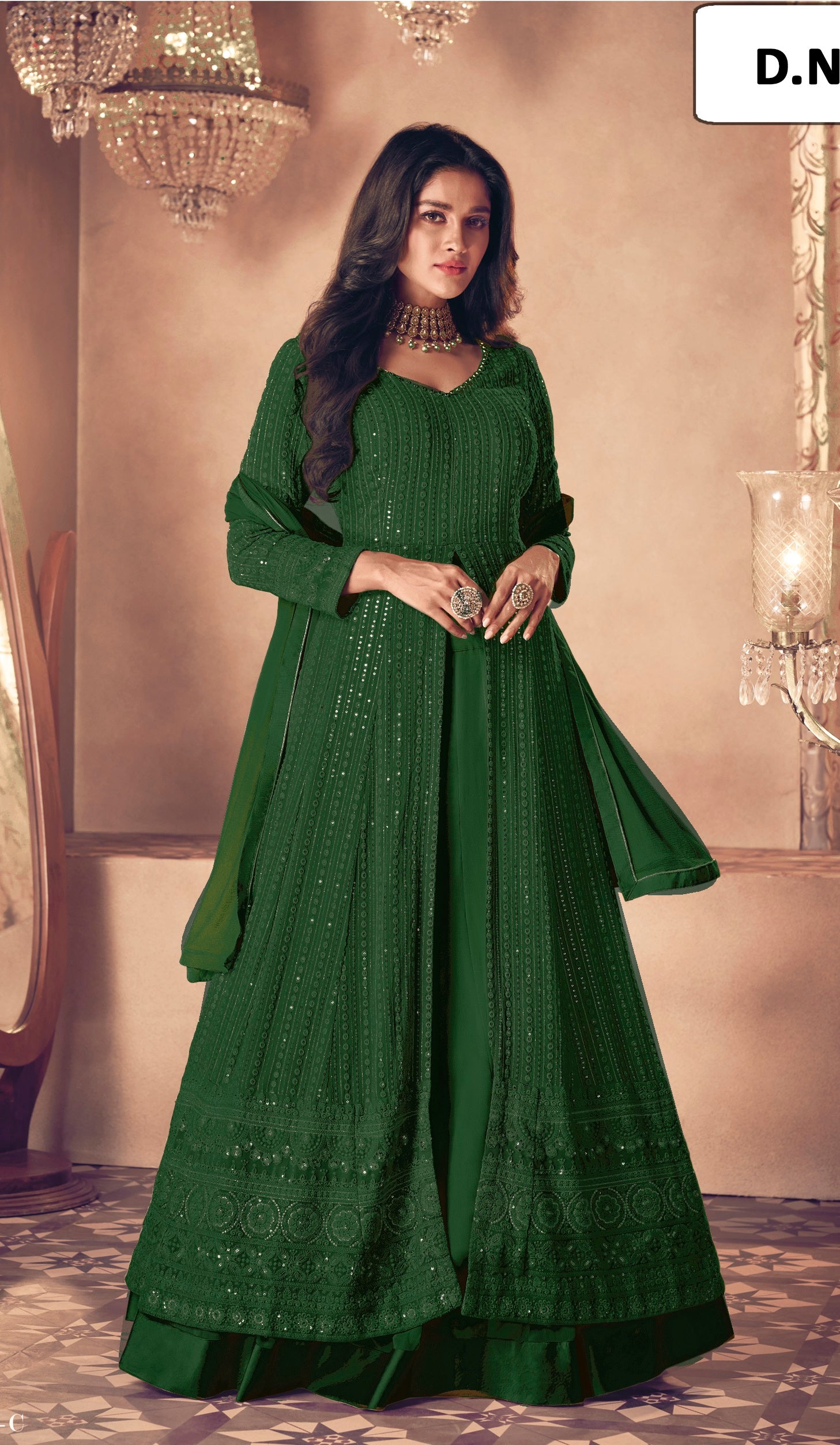 Capricious Dark Green Colored Partywear Embroidered Silk-Cotton Slub Gown
