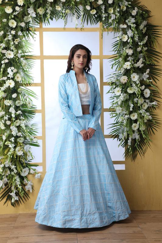 Sky blue color koti style lehenga choli for wedding party