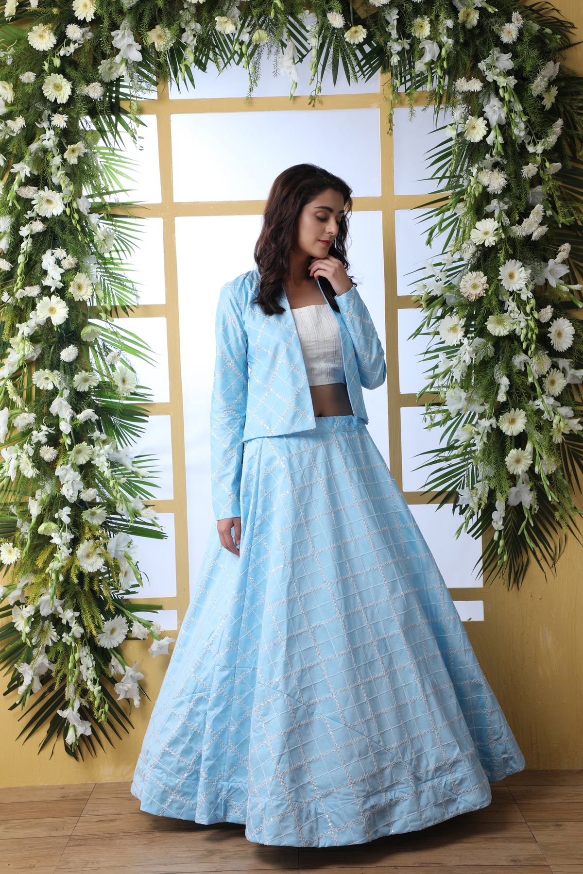Sky blue color koti style lehenga choli for wedding party - Joshindia