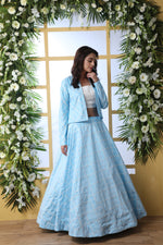 Sky blue color koti style lehenga choli for wedding party - Joshindia