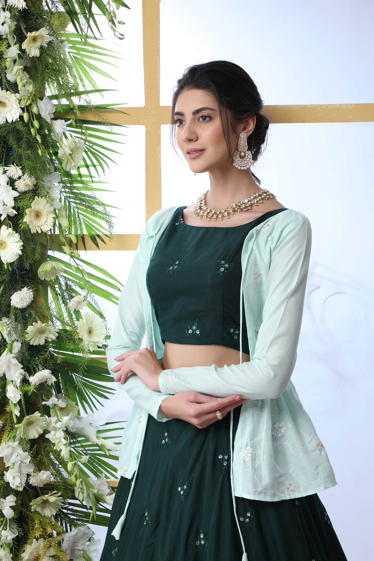 Green color crop top lehenga choli with shrug buy now - Joshindia