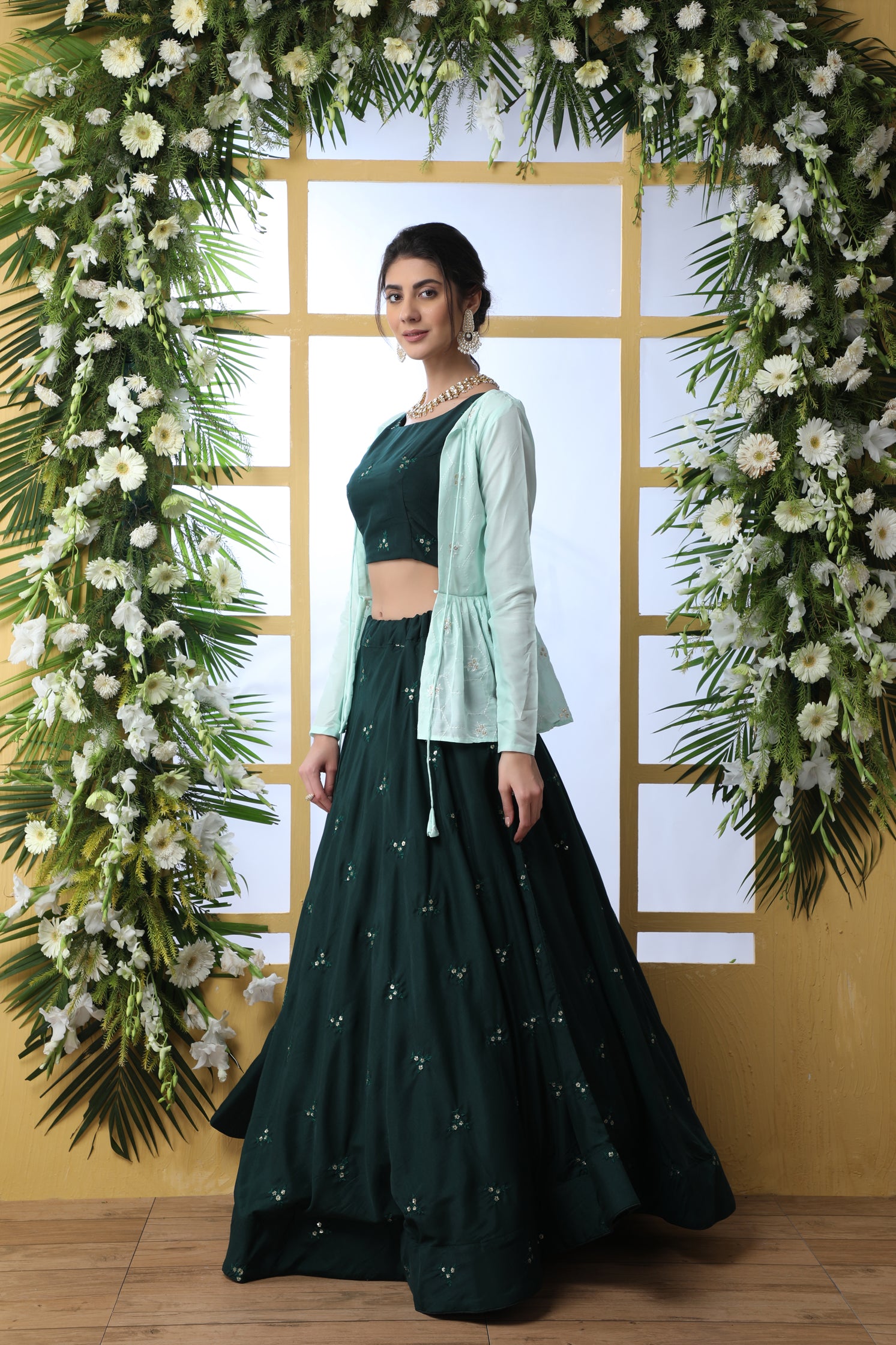 Partywear Crop Top Lehenga With Shrug In Embroidery Work - Ethnic Race