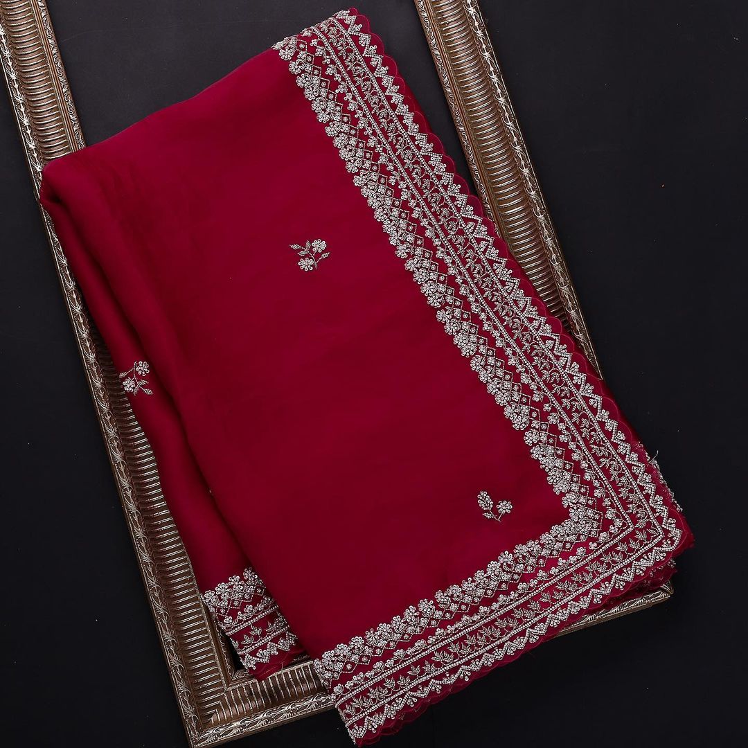 Attractive red color organza saree for wedding look buy now