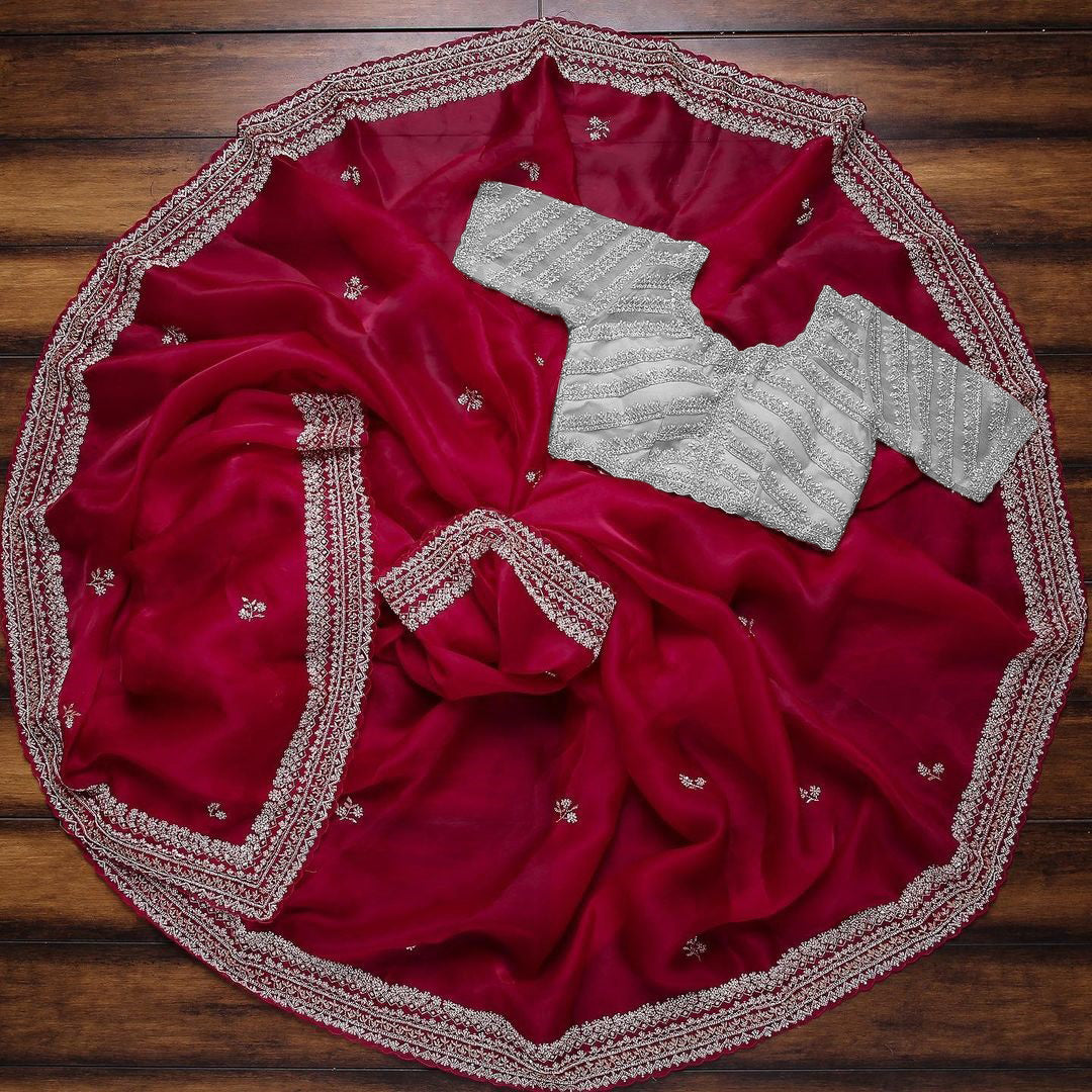 Attractive red color organza saree for wedding look buy now