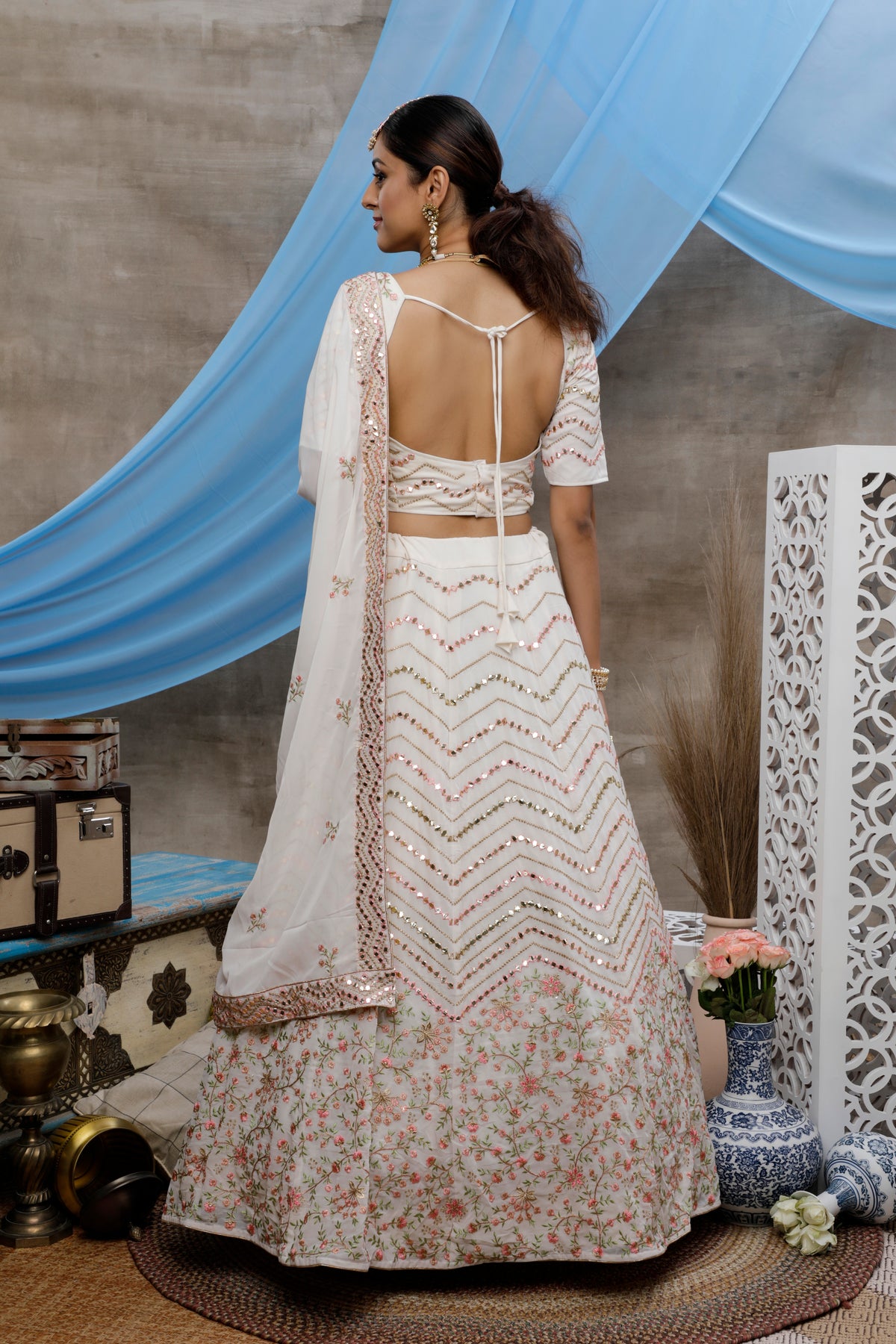 Pearl white color mirror lehenga choli online - Joshindia