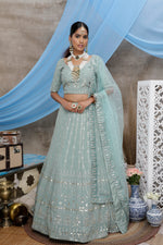 Dusty green color mirror work lehenga choli buy online - Joshindia