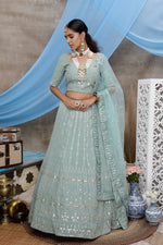 Dusty green color mirror work lehenga choli buy online - Joshindia