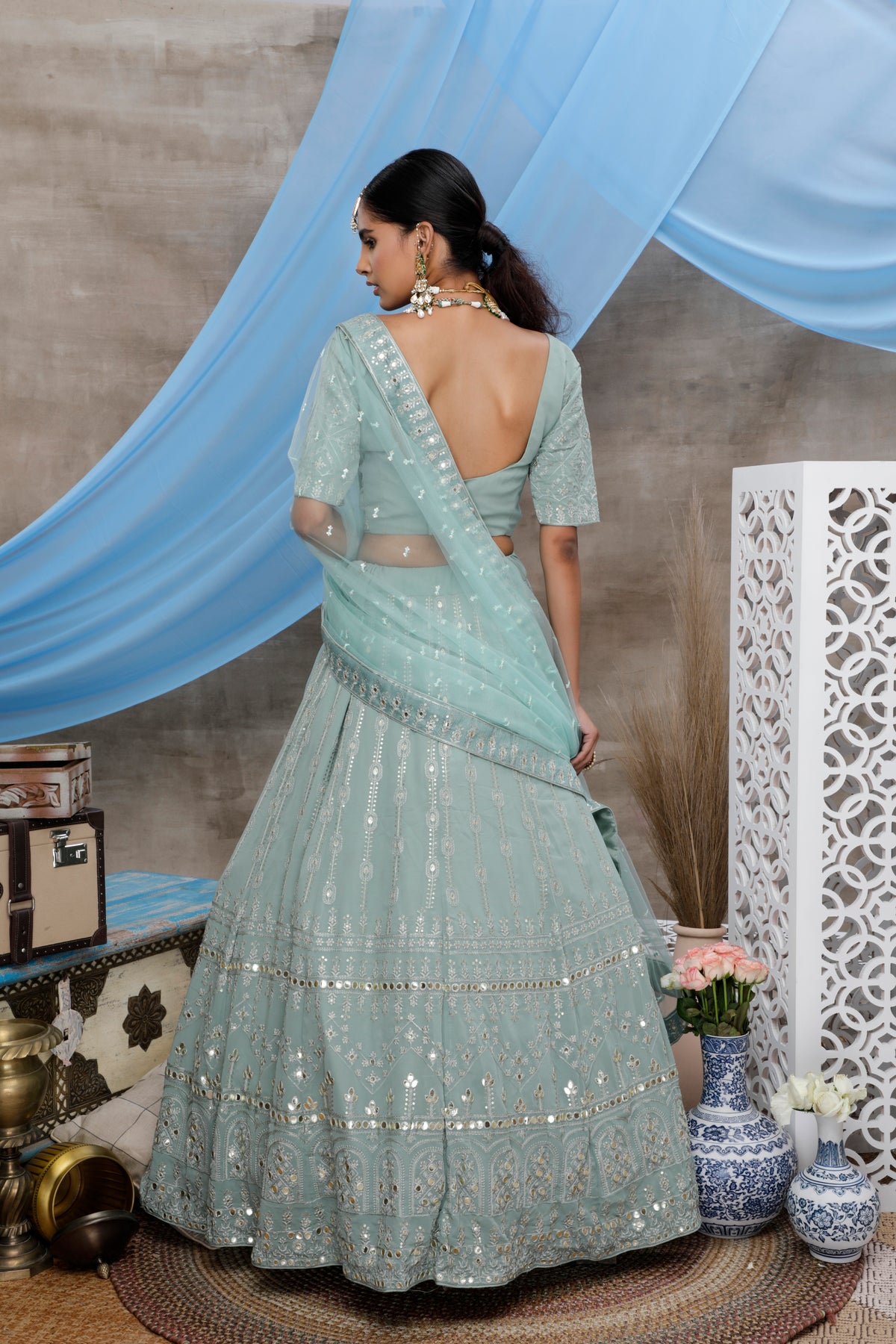 Dusty green color mirror work lehenga choli buy online - Joshindia