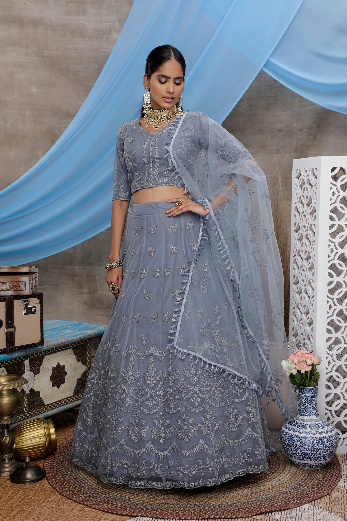 grey color designer lehenga choli at best price - Joshindia