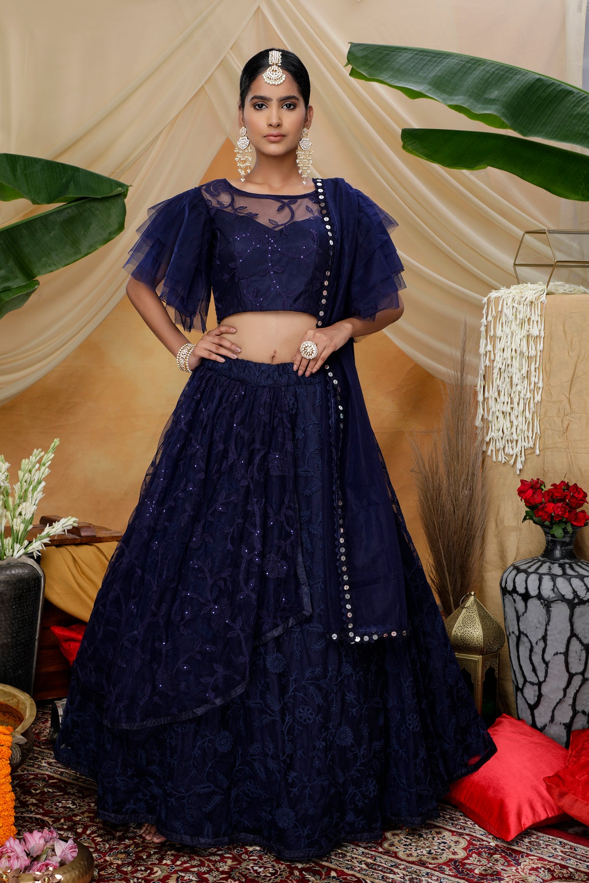 Navy blue color net designer lehenga choli buy now - Joshindia