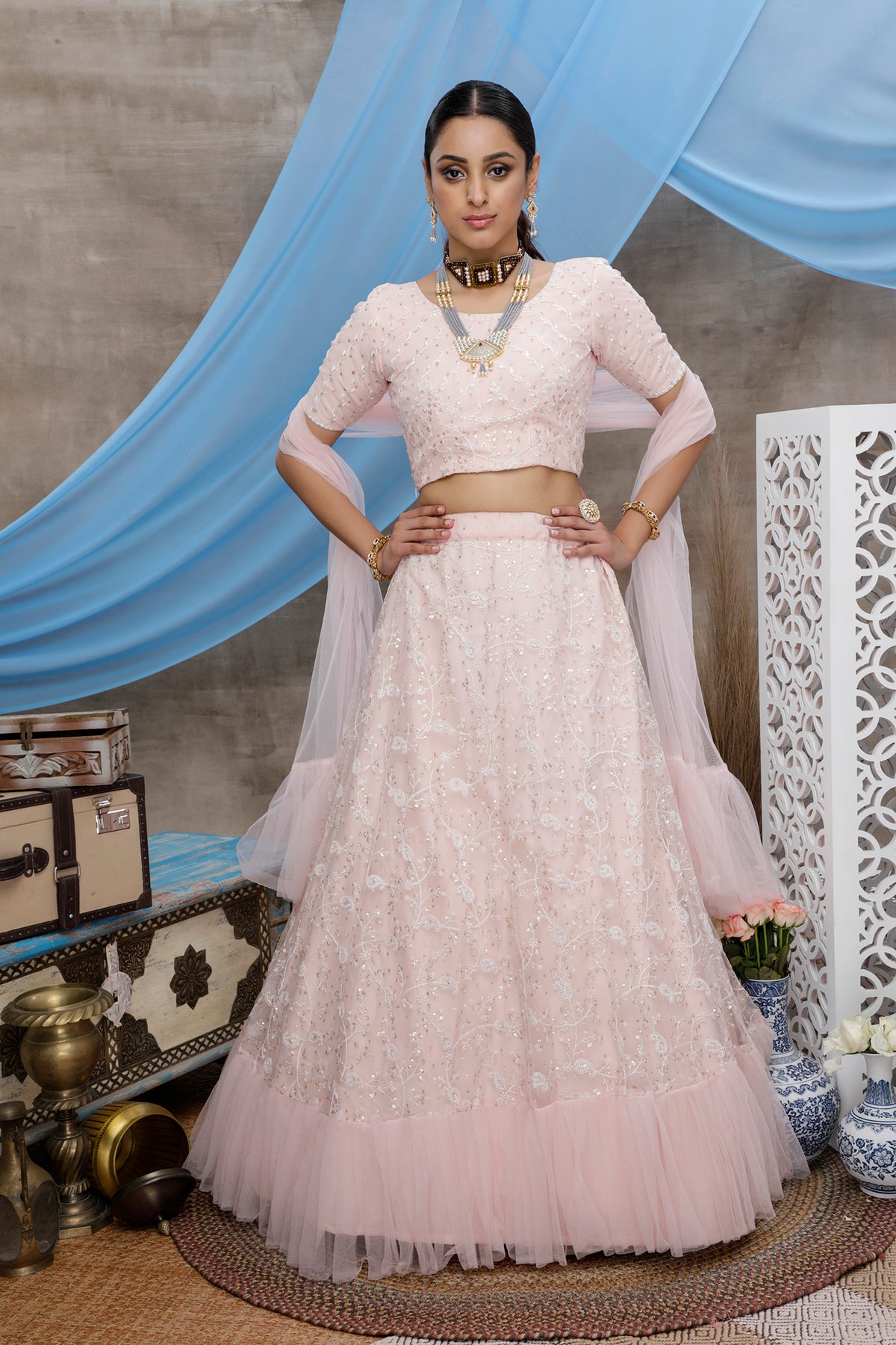 Pink color designer frill lehenga choli buy online - Joshindia