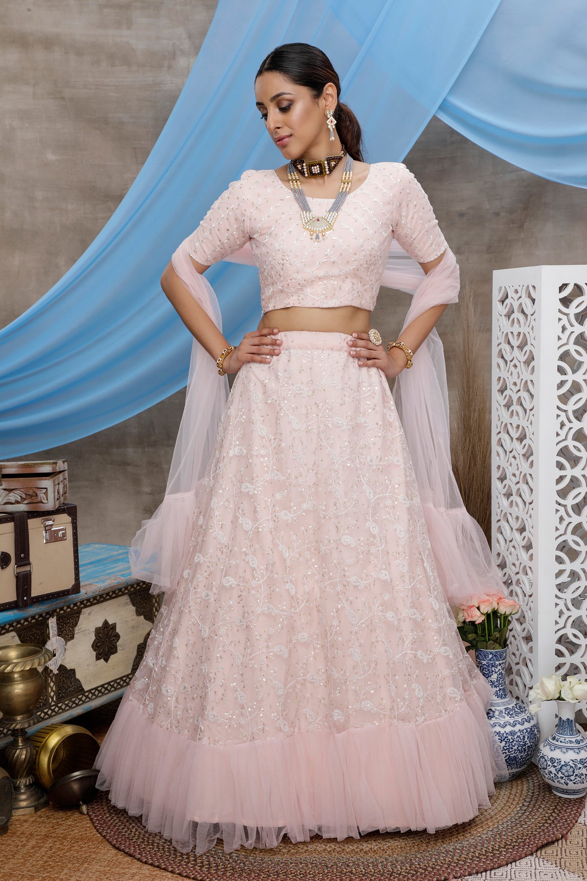 Pink color designer frill lehenga choli buy online - Joshindia