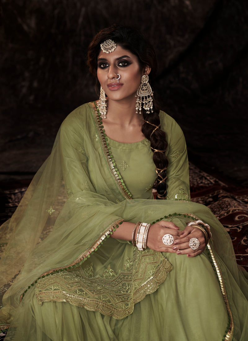 Georgette Fabric Anarkali Suit In Parrot Green Color