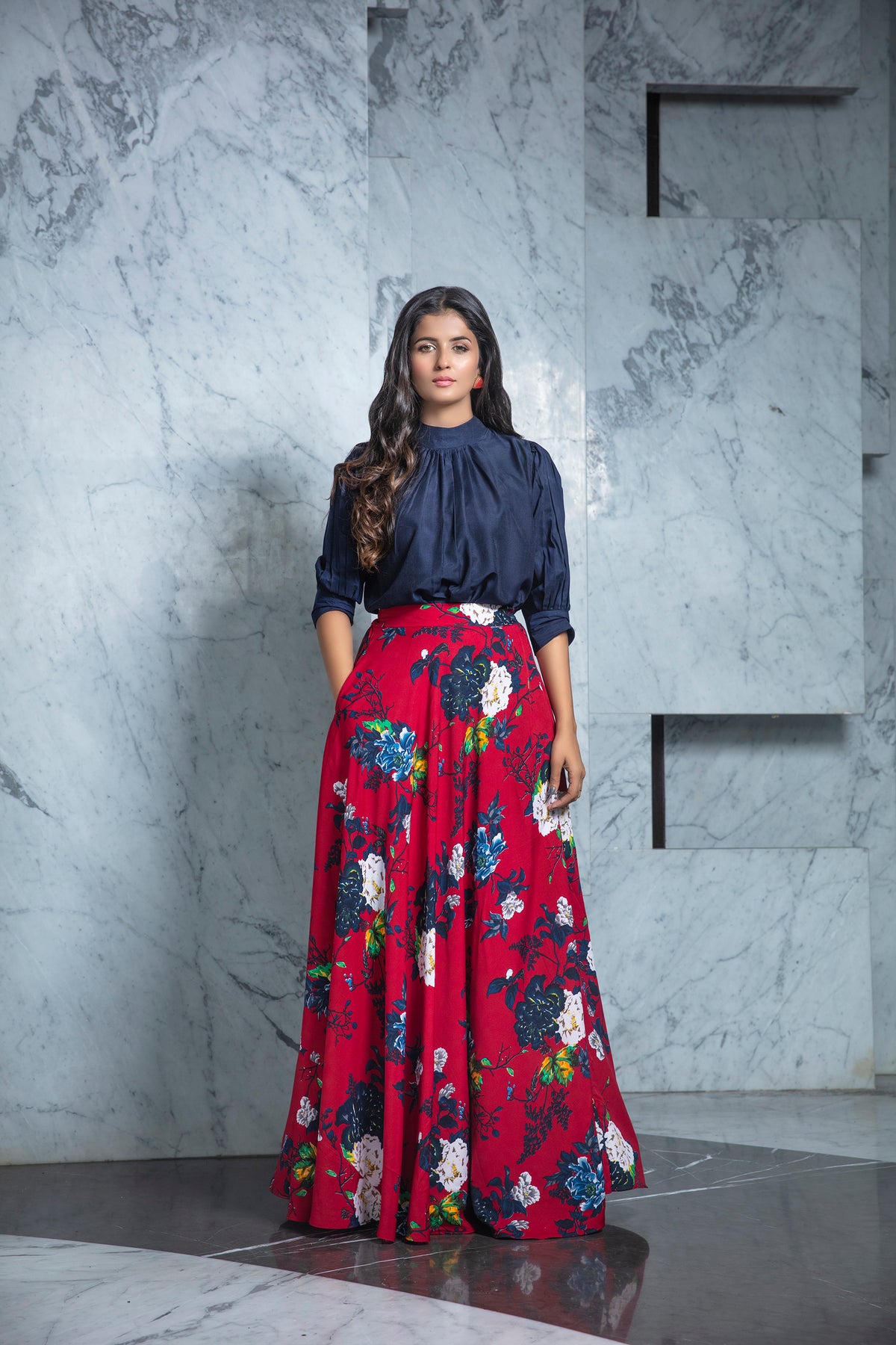 red and navy blue color digital lehenga choli - Joshindia