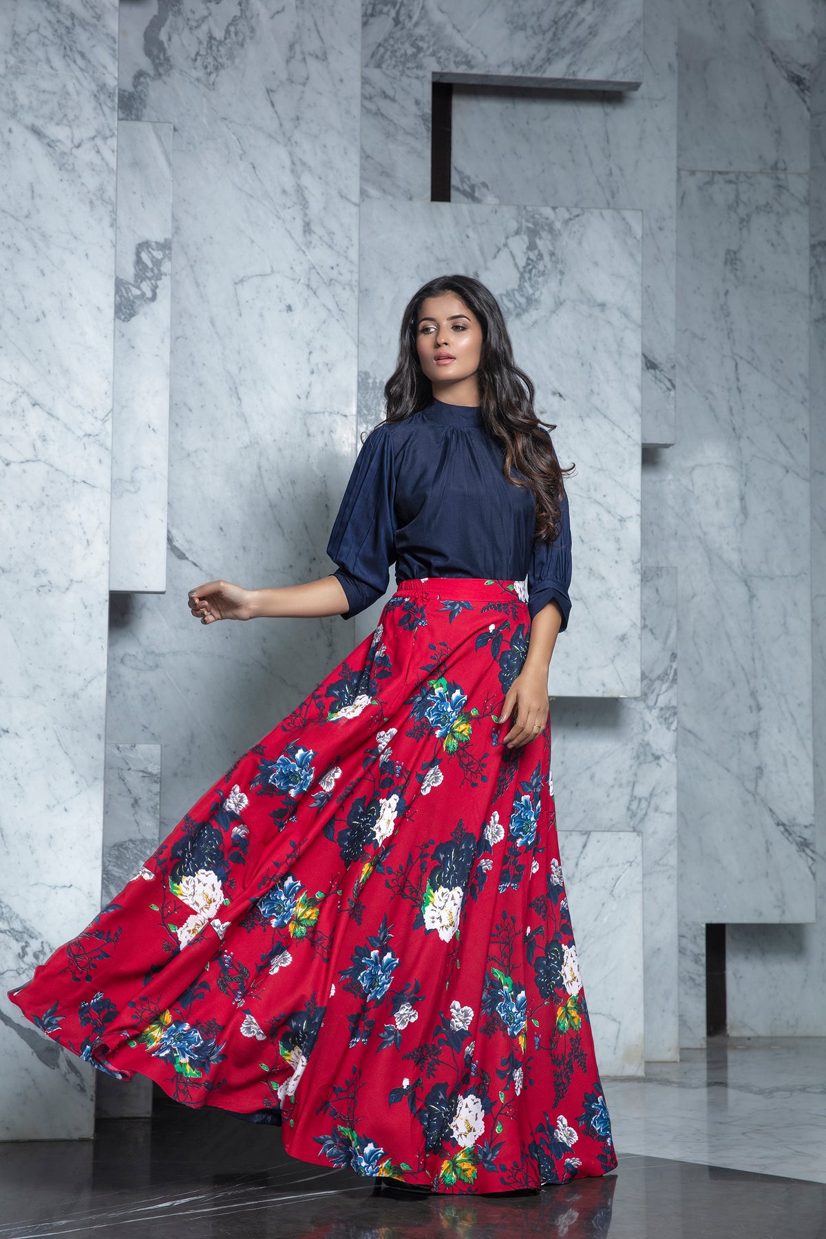 red and navy blue color digital lehenga choli - Joshindia