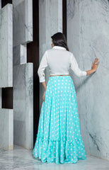 white and sky blue color digital lehenga choli - Joshindia