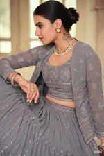 Grey Colour Georgette Lehenga Choli With Jacket For Wedding - Joshindia