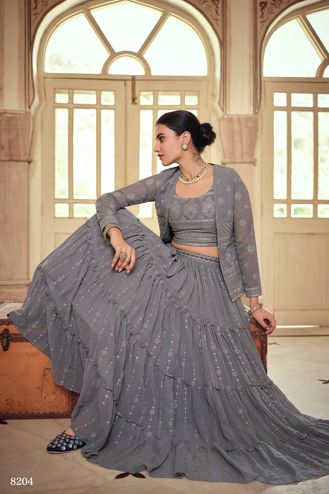 Grey Colour Georgette Lehenga Choli With Jacket For Wedding - Joshindia