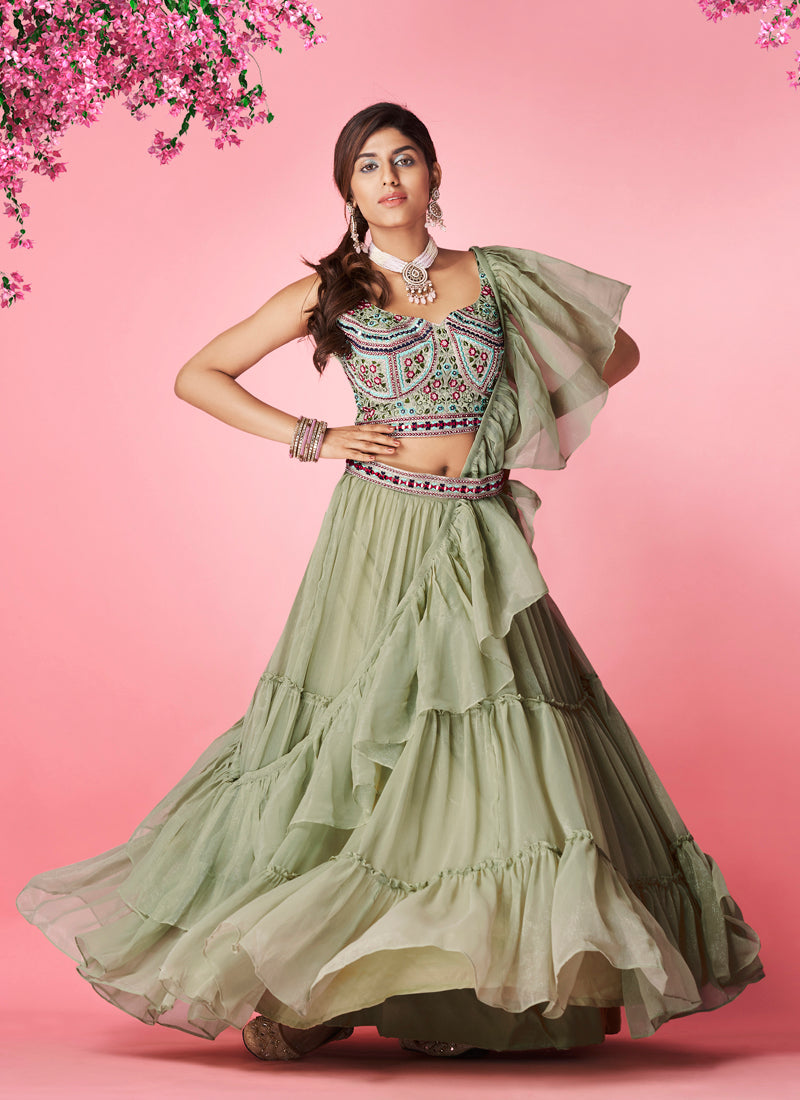 Beautiful Olive Green color lehenga at affordable price - Joshindia