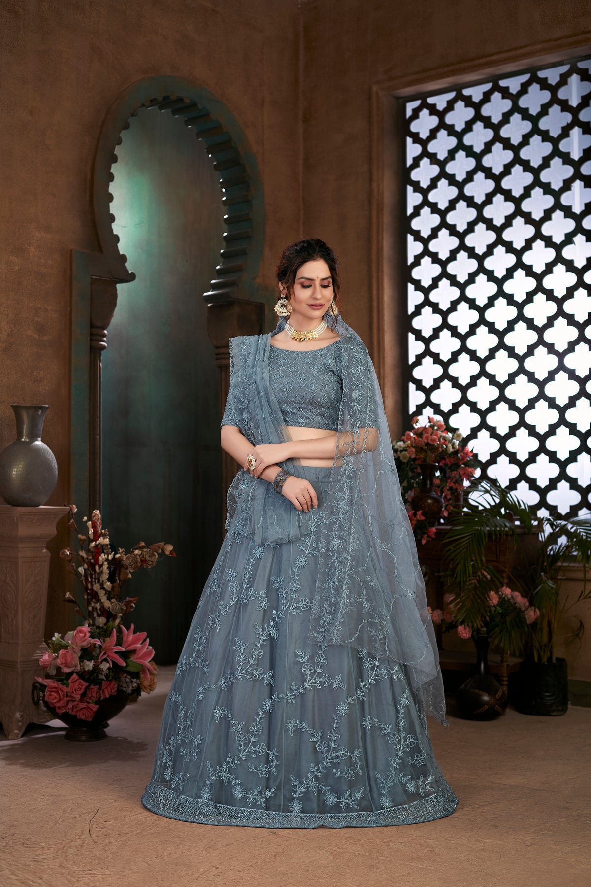 Beautiful grey color net designer lehenga choli at affordable price - Joshindia