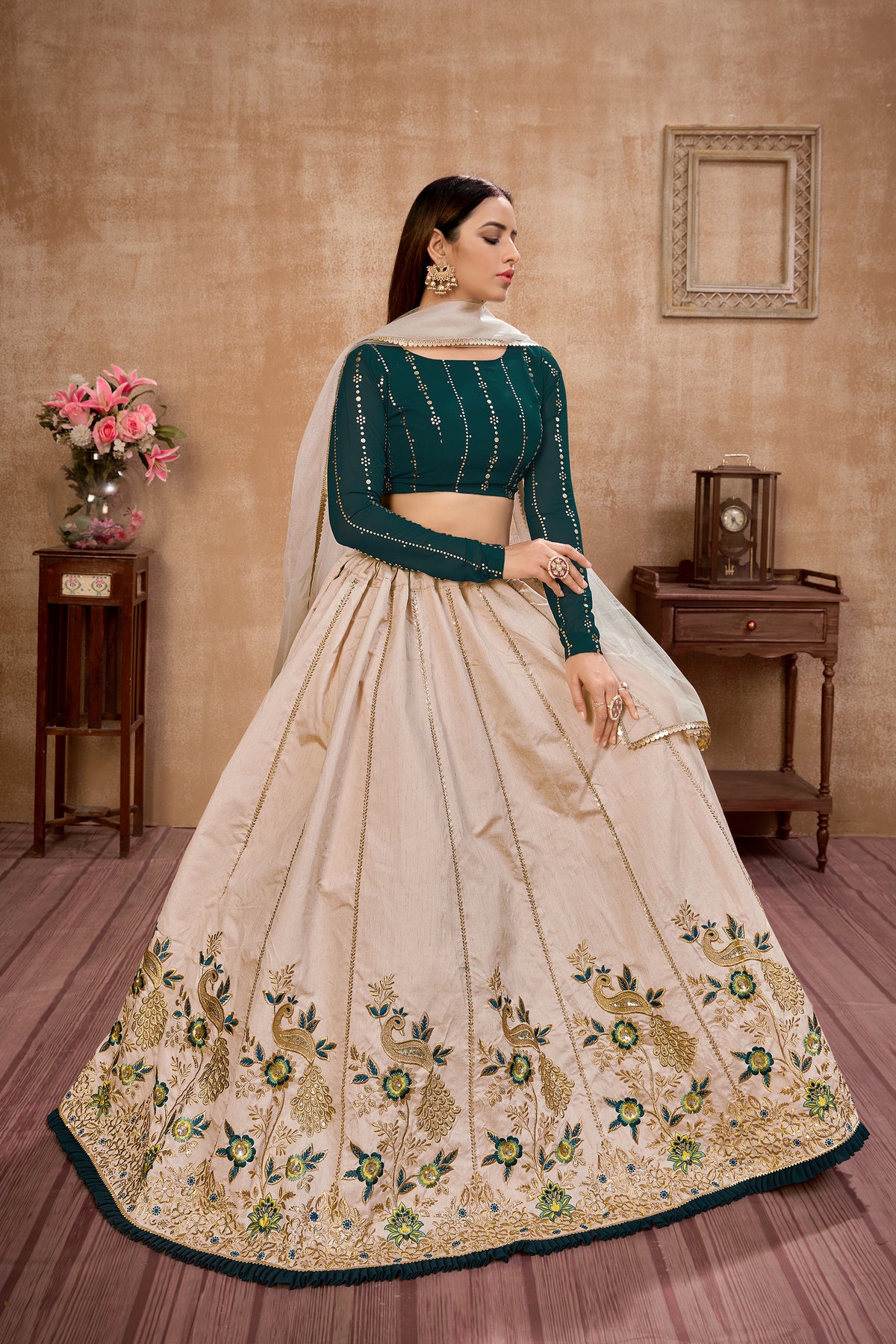 Green and white designer lehenga choli buy online - Joshindia