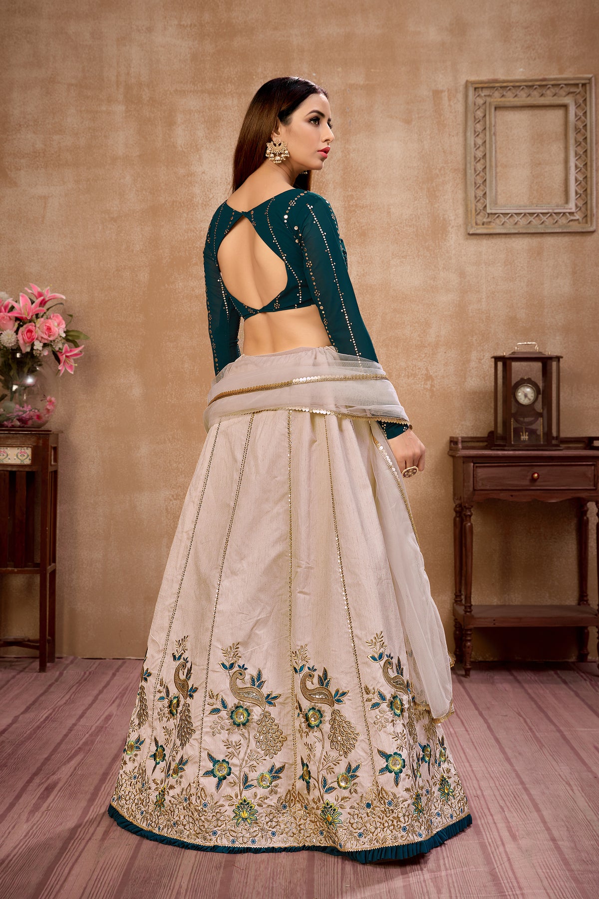 Green and white designer lehenga choli buy online - Joshindia