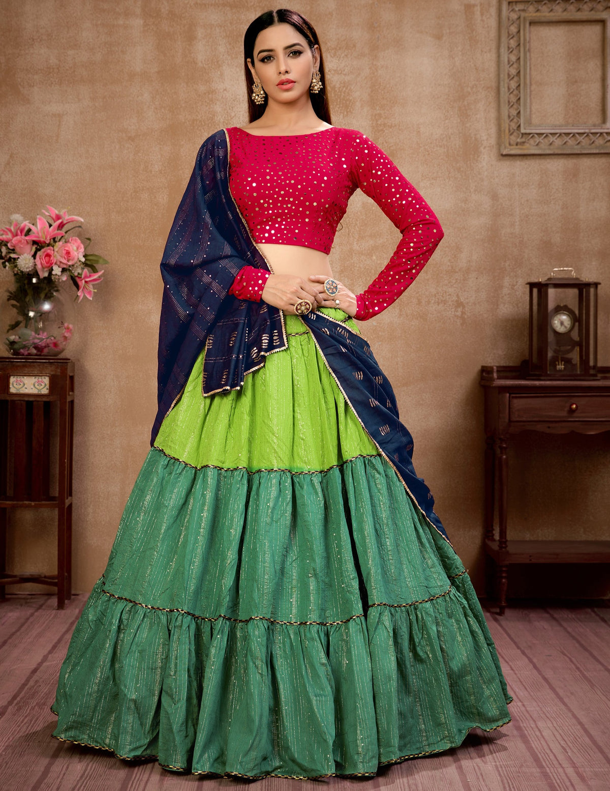 Green color designer ruffle look lehenga for stylish appearance - Joshindia
