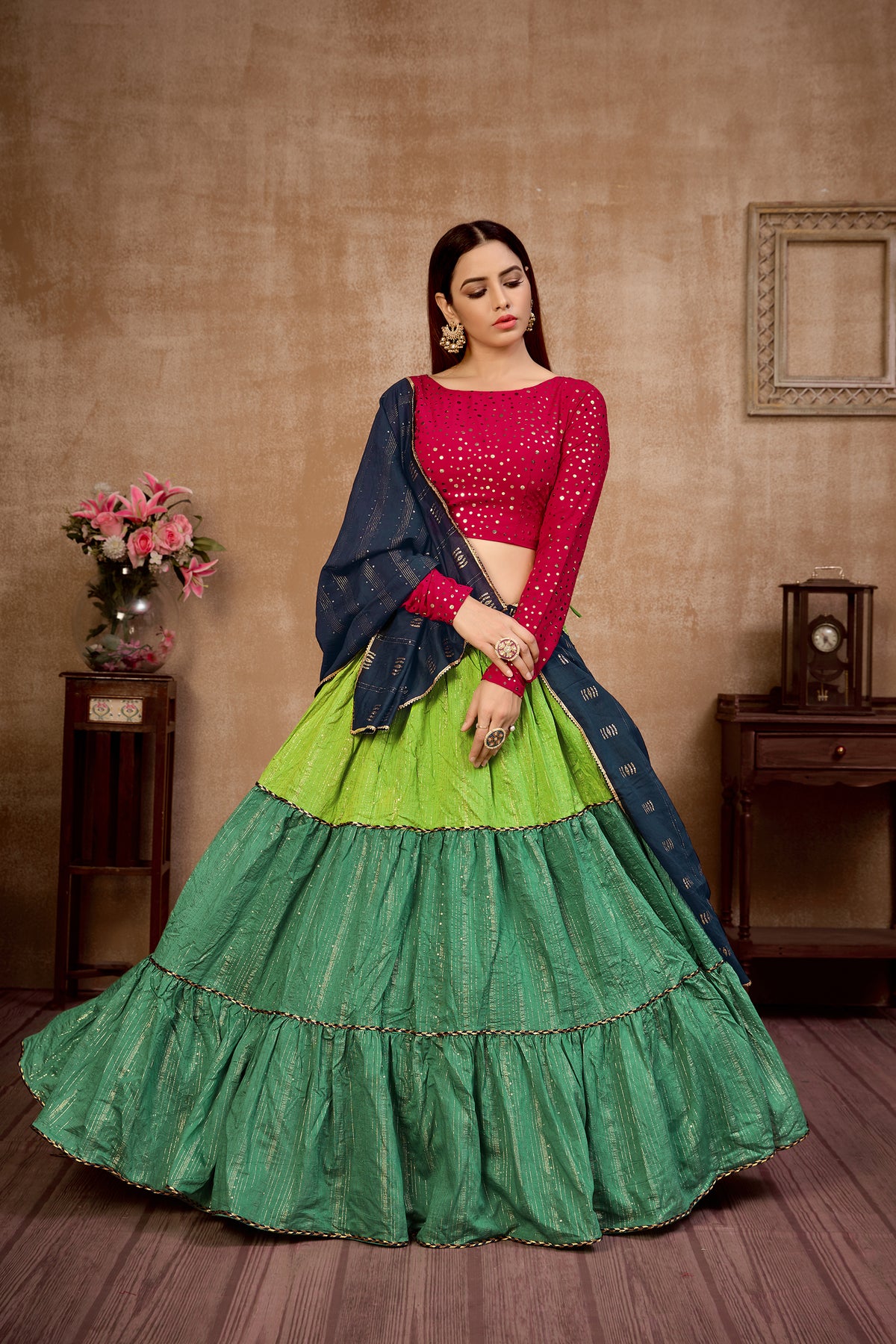 Green color designer ruffle look lehenga for stylish appearance - Joshindia