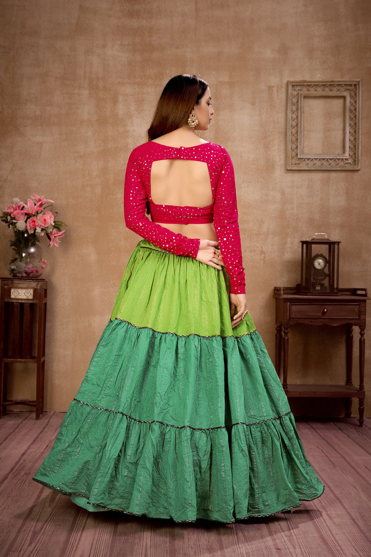 Green color designer ruffle look lehenga for stylish appearance - Joshindia