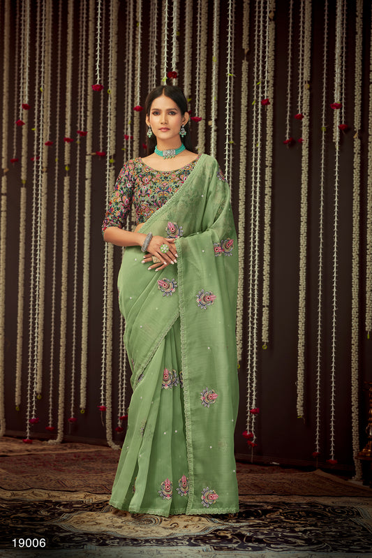 Buy trending designer Olive Green Color sequins saree at best price online