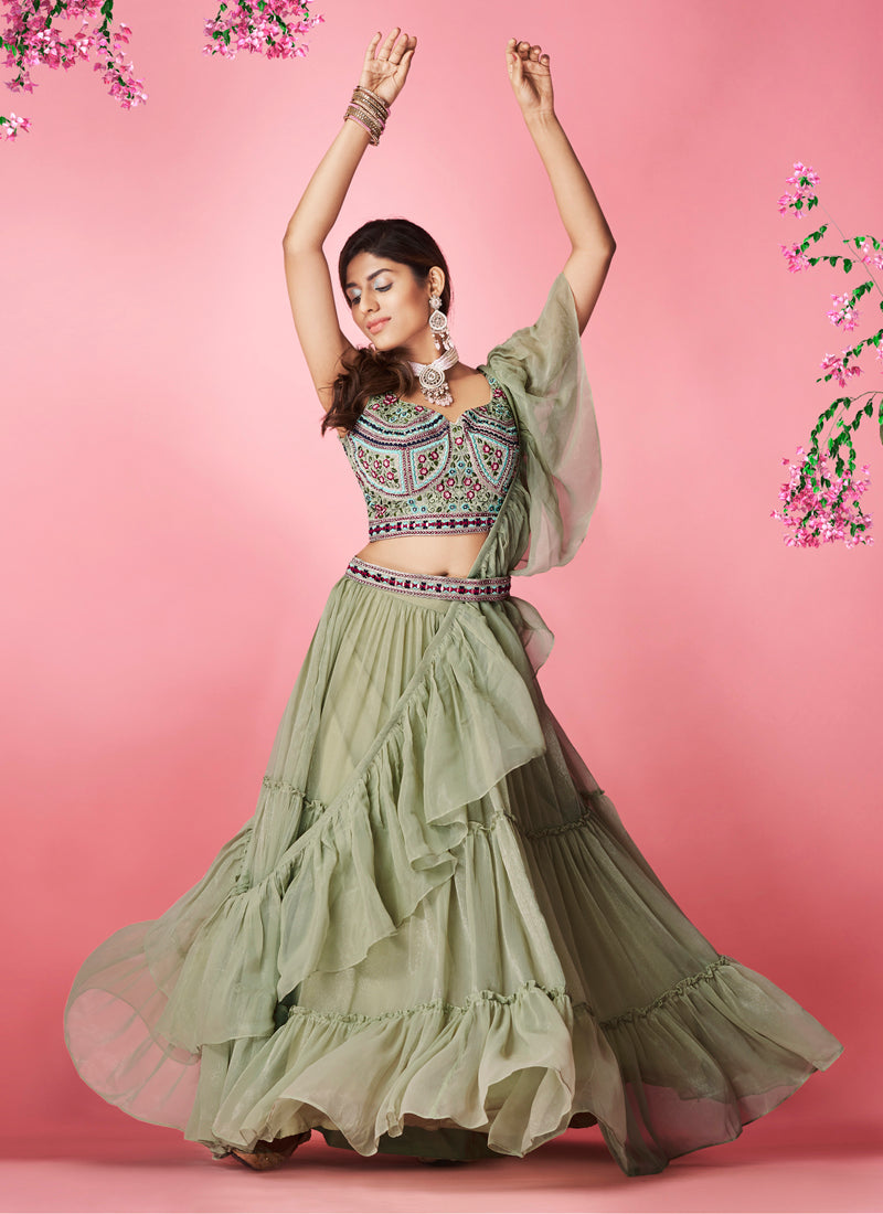 Beautiful Olive Green color lehenga at affordable price - Joshindia
